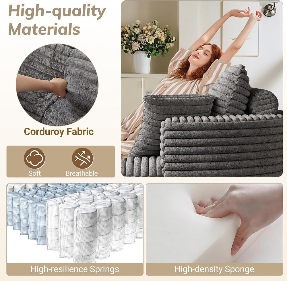 Oversized Round Chaise Lounge, 50" Corduroy Boneless Chair, Grey | Deep ...