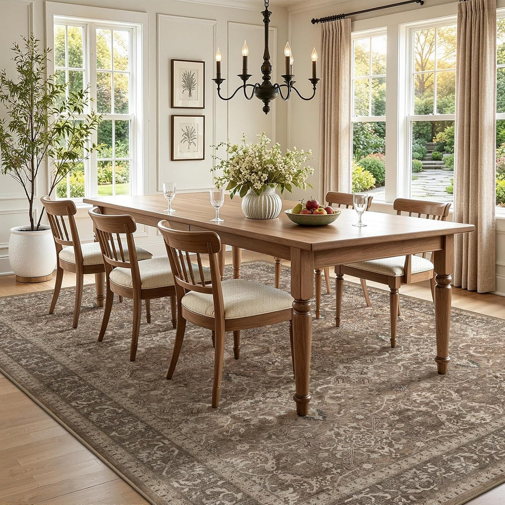 Washable Area Rug 8'x10' Living Room, Vintage Farmhouse, Light Brown
