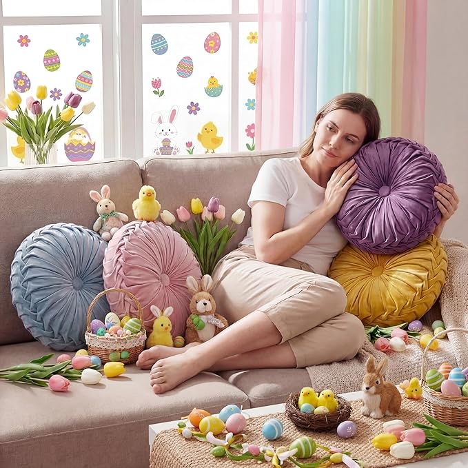 Kathfly Set of 4 Decorative Round Pleated Throw Pillows, Classy Velvet Pumpkin - Image 2