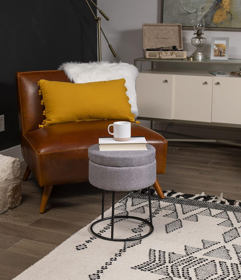 BIRDROCK HOME Grey Linen Storage Stool Ottoman w/Black Metal Leg Base, Soft C...