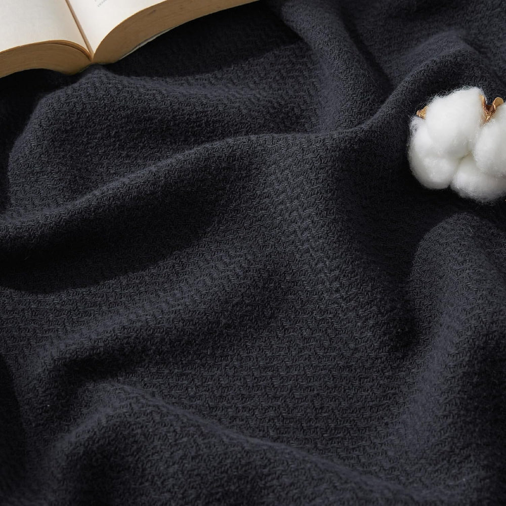 Bedsure 100% Cotton Blanket, Herringbone Weave, Queen Size, Black