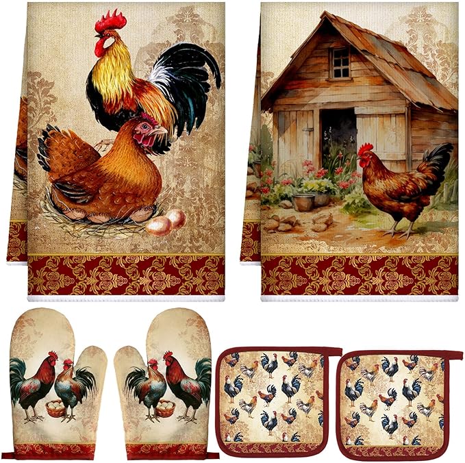Leinuosen 6 Rooster Farmhouse Kitchen Decor Dish Towels Oven Mitts and Pot by Leinuosen