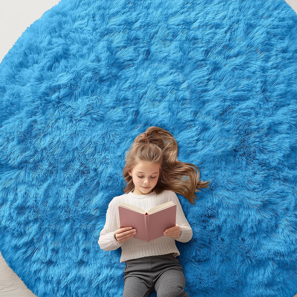 OLANLY Bright Blue Round Rugs for Bedroom