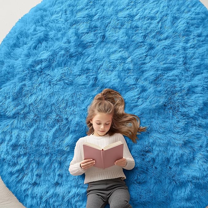 OLANLY Bright Blue Round Rugs for Bedroom by OLANLY