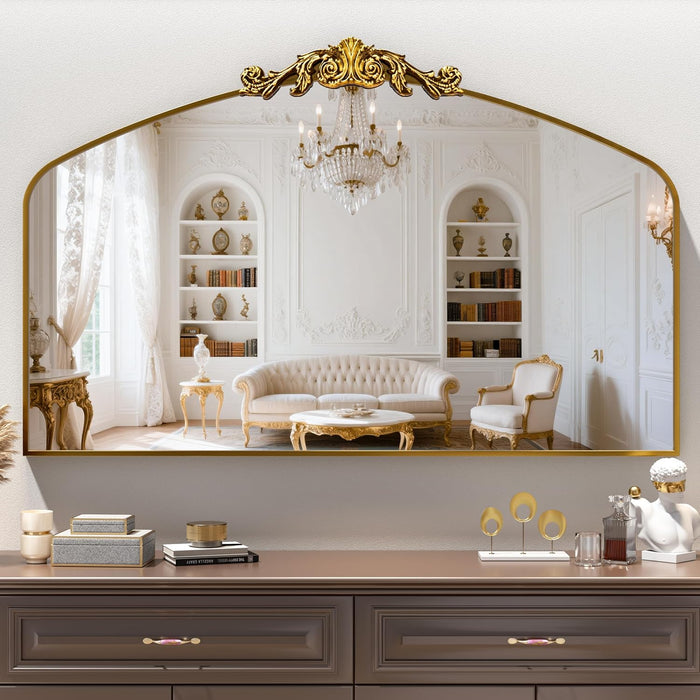 Vintage Arched Bathroom Mirror, 48"x 30" Retro Wall Mounted Vanity Mirror with Carved Pattern Top and Aluminum Frame, Antique Decorative Mirror for Hanging or Leaning