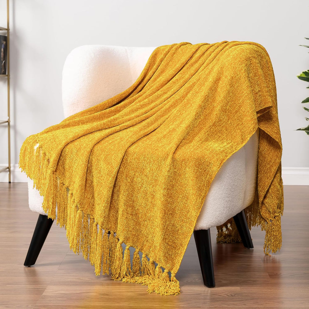 PAVILIA Chenille Throw Blanket, Knit Twin Size Tassel Throw, Yellow 60x80