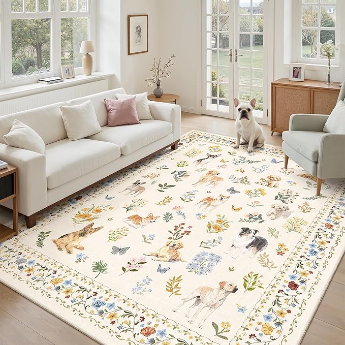 Dog 5x7 Area Rugs for Living Room, Machine Washable Animal Floral Vintage Rug by Soalmost