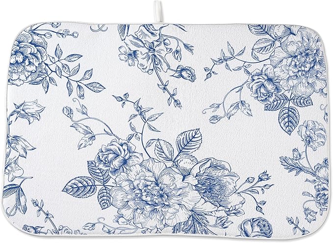 Chinoiserie Floral Dish Drying Mat 18 x 24 inch Vintage Blue Flower Decorative by AEIOAE