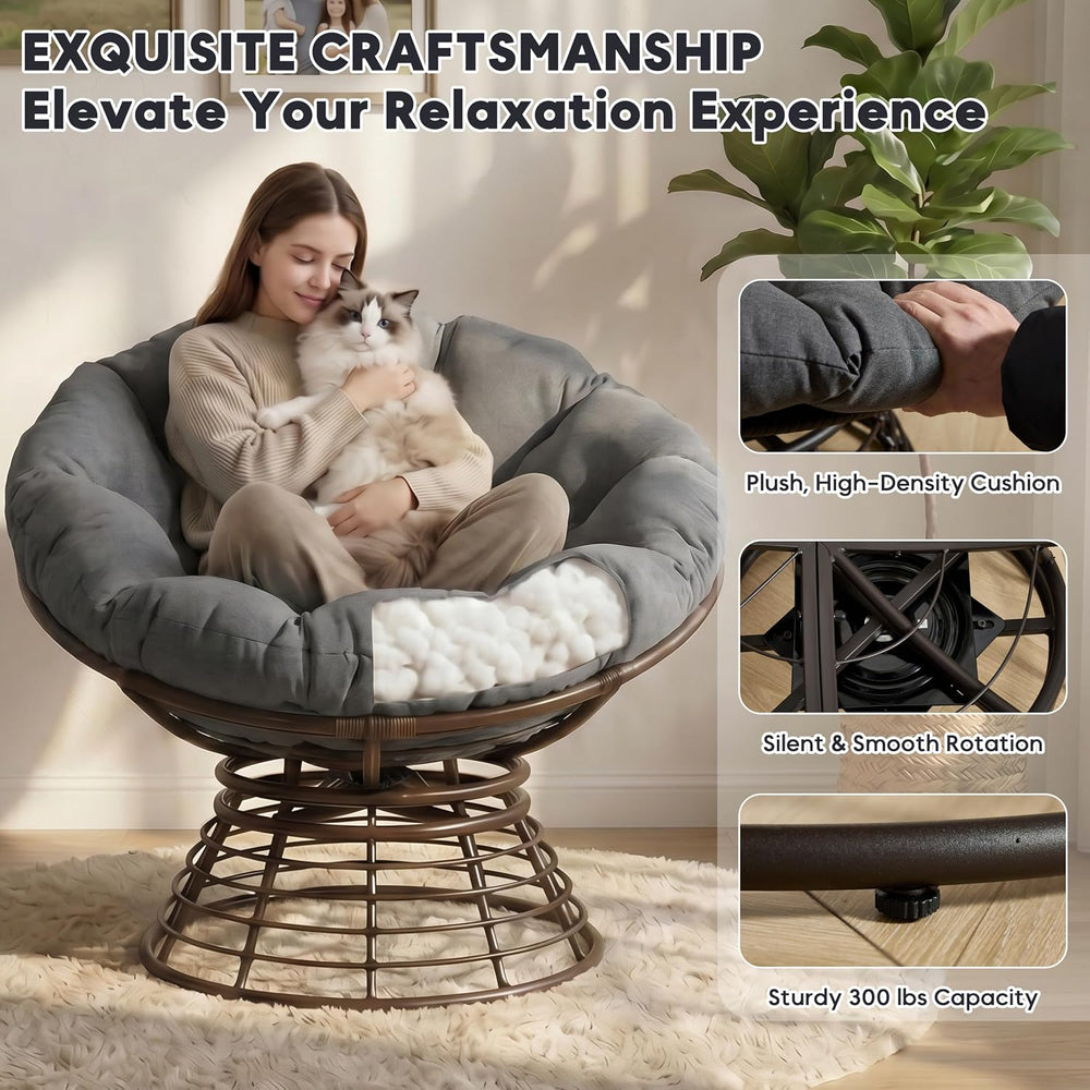 Comfortable 36" Ergonomic Wicker Papasan Chair, 360° Swivel Wicker Accen...