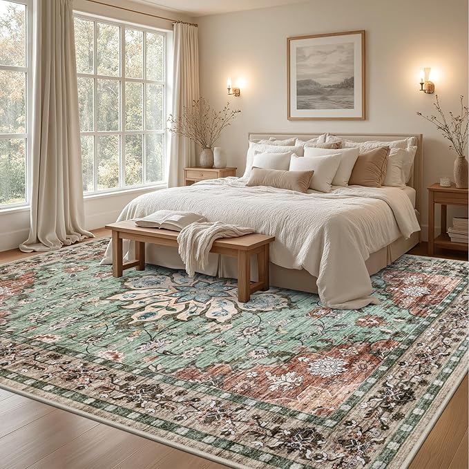 Area Rugs 10x14 Living Room Rug: Washable Rug Soft Vintage Distressed Floral - Image 3