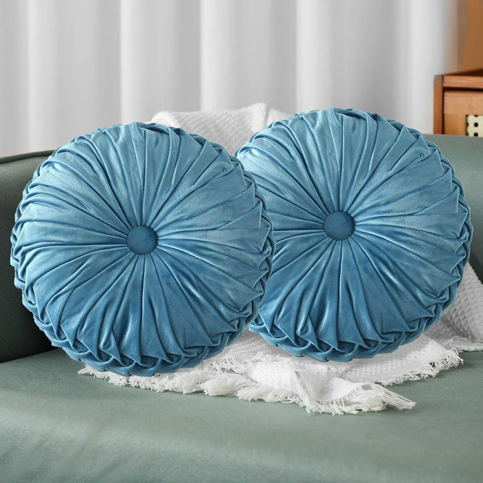HIG Set of 2 Dusty Blue Ruched Velvet Round Throw Pillows – 14.5’’ Decorative