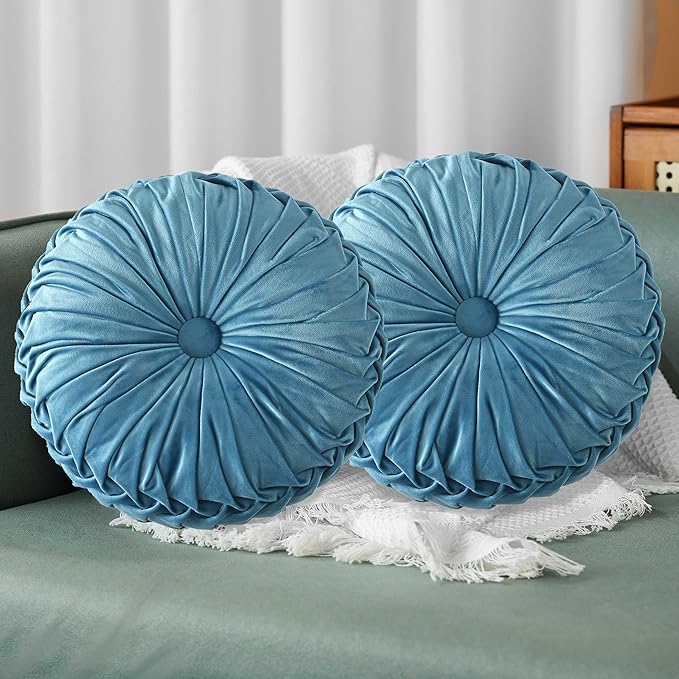 HIG Set of 2 Dusty Blue Ruched Velvet Round Throw Pillows – 14.5’’ Decorative by HIG
