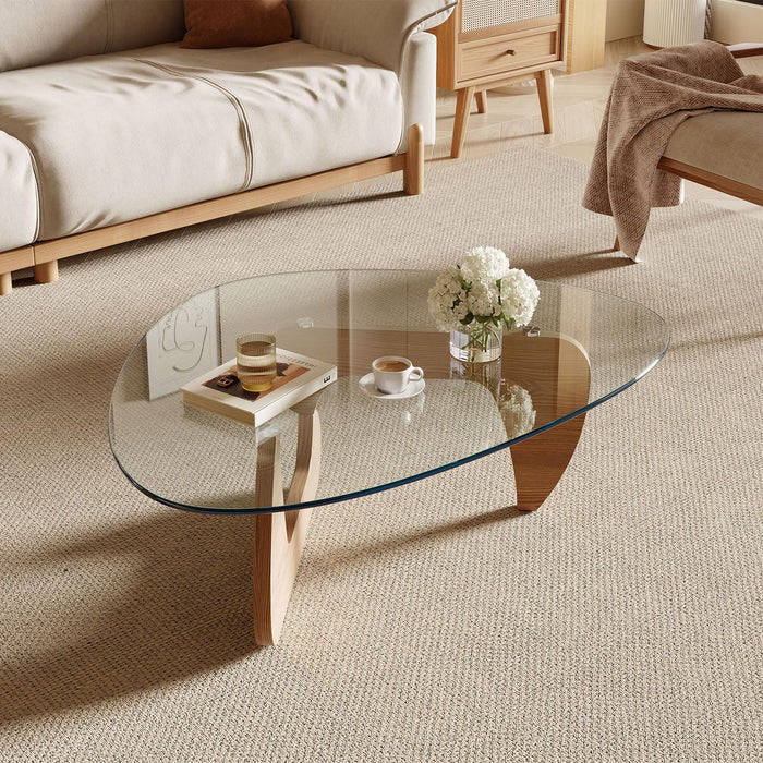 Modern Coffee Table for Living Room and Small Spaces, 43.3" x 29.5" x 15.8" Triangle Tempered Glass Table Top and Eco-Friendly Solid Wood Base, Natural Wood