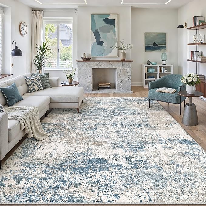 Blue 5x7 Area Rug Washable Modern Abstract Living Room Carpet Non Slip Neutral - Image 4