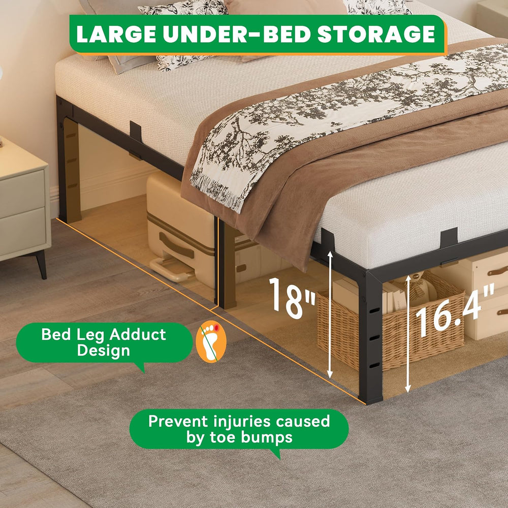 18 Inch Bed Frame Queen Size Heavy Duty, Upgrade Metal Platform Black