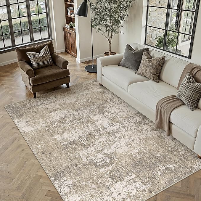 Beige Area Rug 4x6 Machine Washable Modern Abstract Office Carpet Neutral Non - Image 3