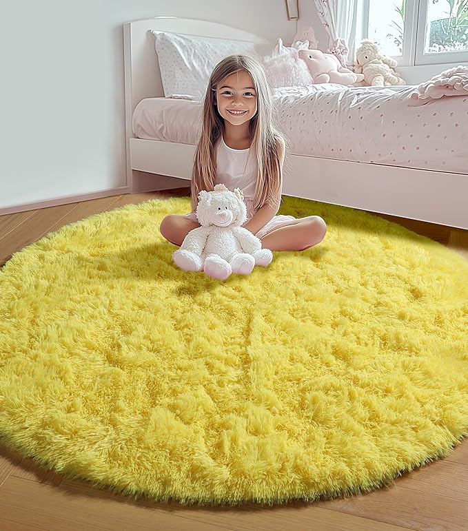 ONASAR Yellow Round Rugs 5ft for Bedroom Living Room, Fluffy Circle Area Rug - Image 8