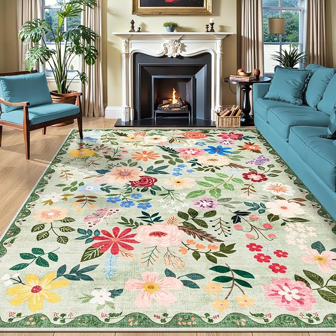 8x10 Area Rugs for Living Room: Floral Washable Rug Vintage Large Soft Boho by PLHXFRSoftAreaRugs