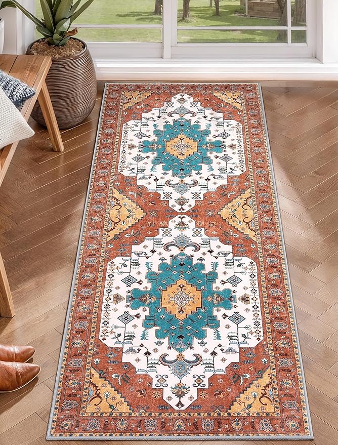 SERISSA Boho Washable Runner Rug, 2x5 Rug Non-Slip Vintage Orange Hallway by SERISSAHomeDecorCollection