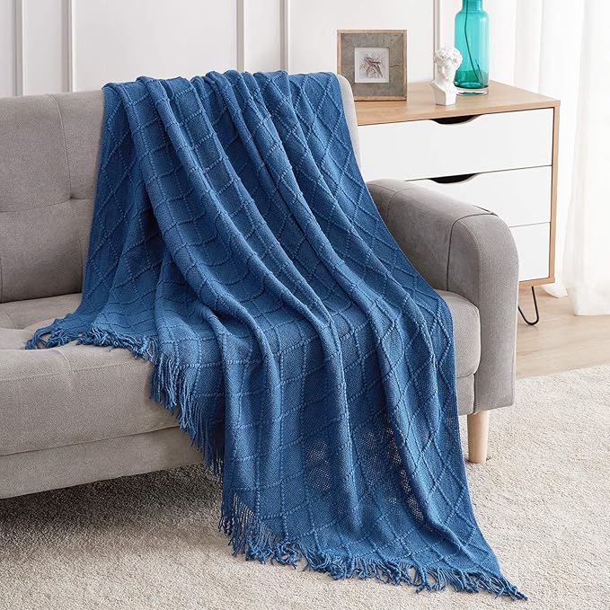 BOURINA Royal Blue Throw Blanket 60x80 Inches Throw Textured Solid Soft Sofa by BOURINA