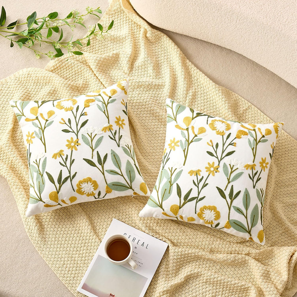 Embroidered Floral Throw Pillow Covers Summer Decorative Couch Pillow Covers Farmhouse Green Floral Tufted Pillow Covers 20x20 Square Cushion Cases Set of 2 for Living Room Couch Sofa Bed Home Decor