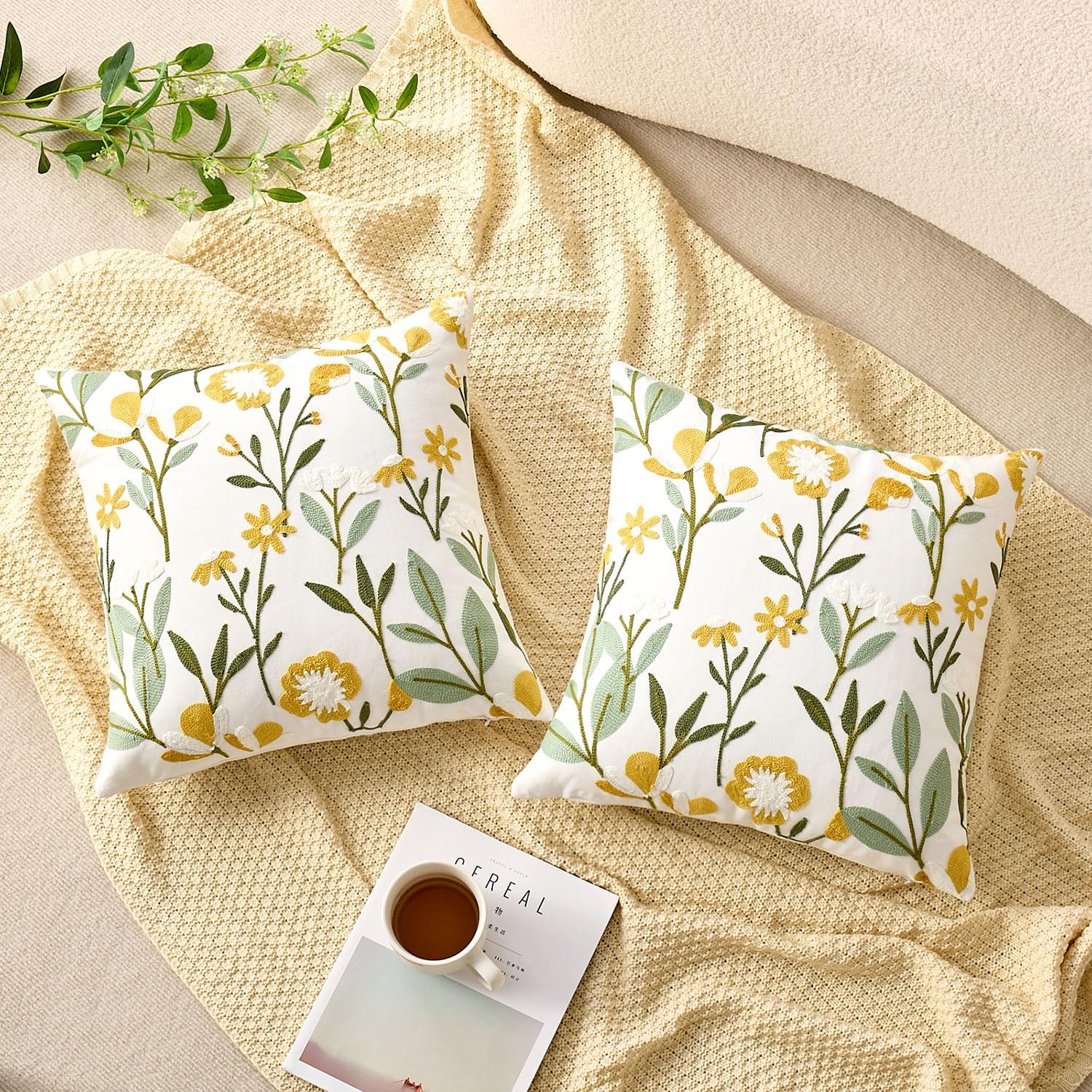 Embroidered Floral Throw Pillow Covers Summer Decorative Couch Pillow Covers Farmhouse Green Floral Tufted Pillow Covers 20x20 Square Cushion Cases Set of 2 for Living Room Couch Sofa Bed Home Decor