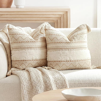BlissBlush Decorative Throw Pillow Covers 20x20 Combo Set of 2 Square Cream Neutral White Boho Accent Pillowcase Tassels Farmhouse Cushion for Couch Sofa Bedroom Living Room Home Décor Cover ONLY