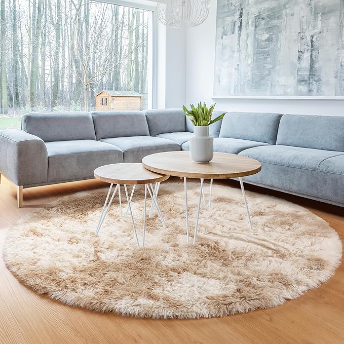 ONASAR Tie-Dye Beige Round Area Rugs 5ft, Soft Bedroom Circle Rug Floor Mats - Image 9