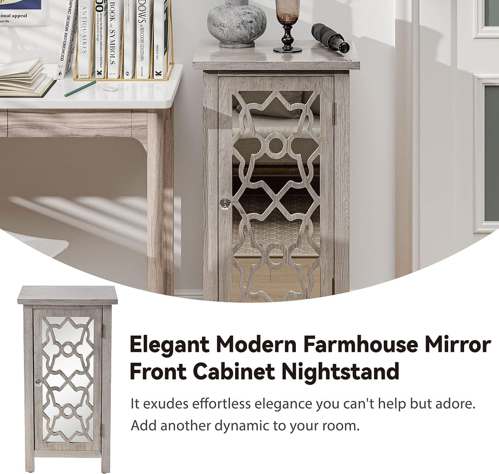 COZAYH Modern Farmhouse Nightstand with Mirror Front and 2 Shelves, Retro Tal...
