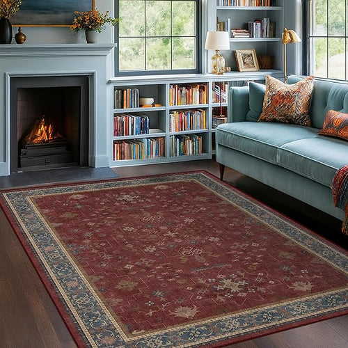 5x7 Boho Dark Red Rug for Living Room by HazoHaus