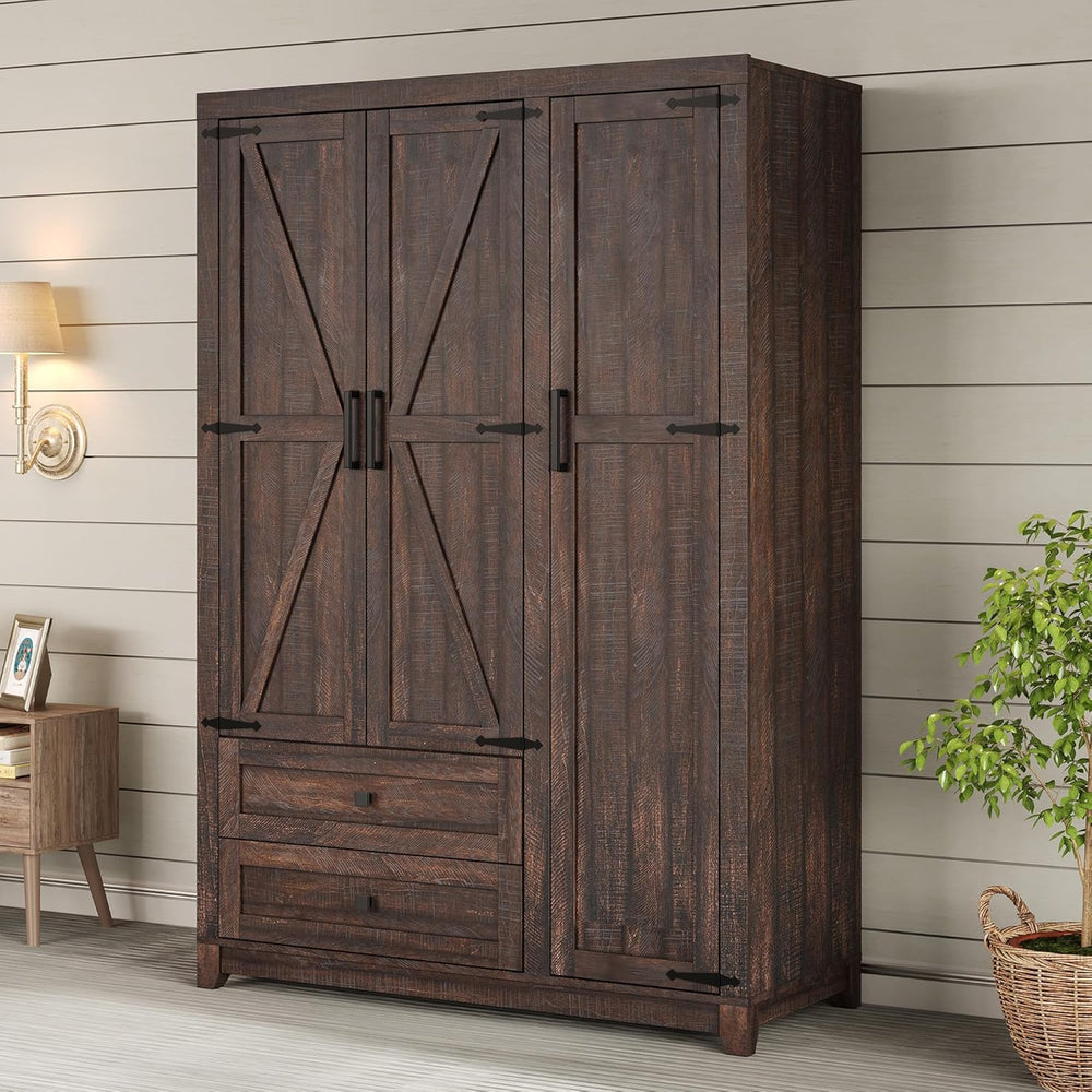 AMERLIFE Farmhouse 3 Door Wardrobe Closet with 2 Drawers & Hanging Rod