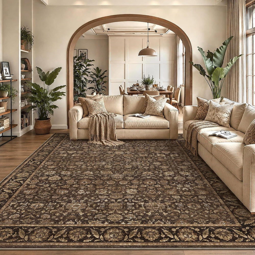 Washable 8x10 Living Room Non-Slip Area Rug Retro Brown Large Carpet