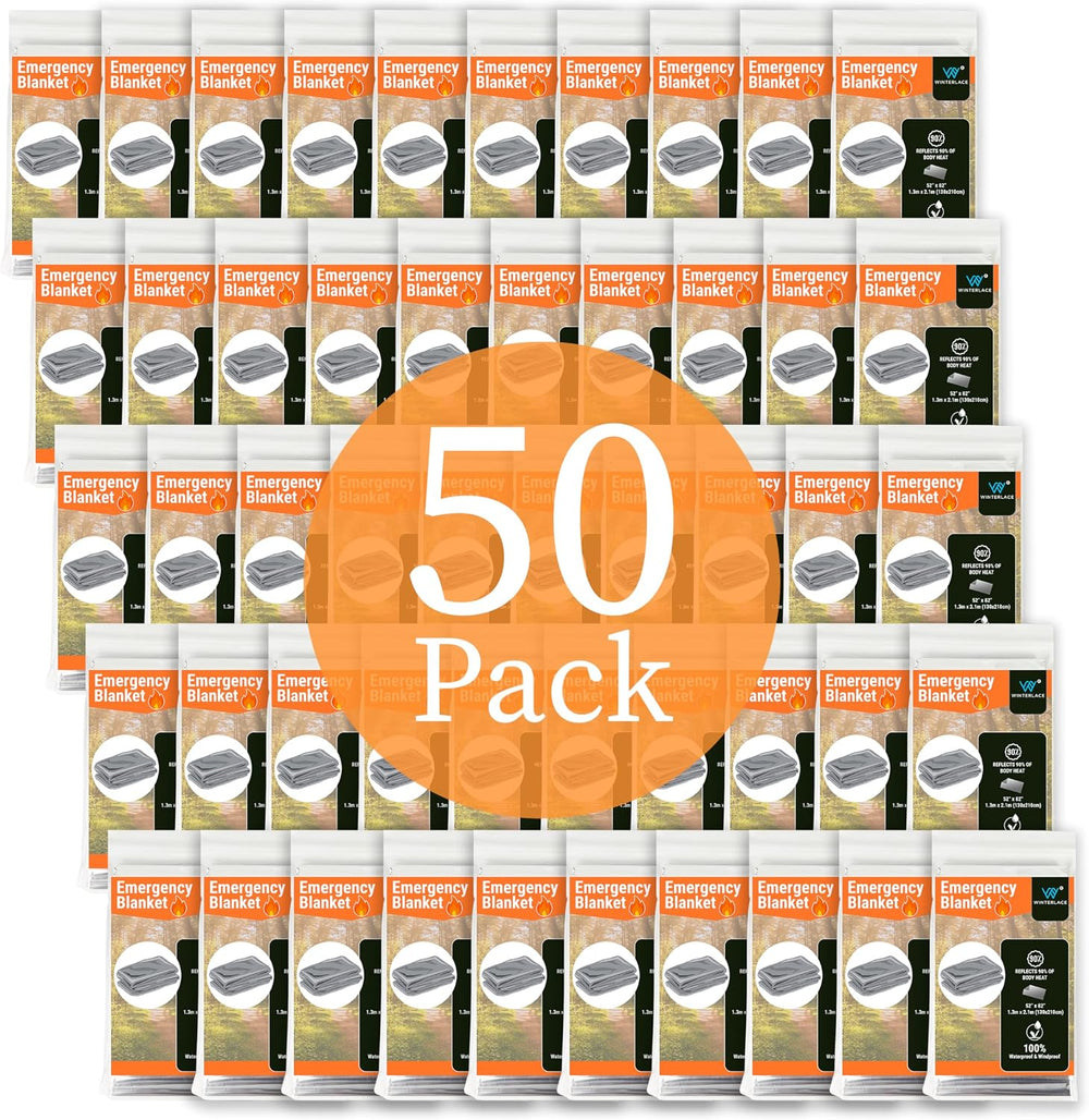 Winterlace Emergency Blankets 50-Pack (52” x 82”) Thermal Mylar Survival Resc...