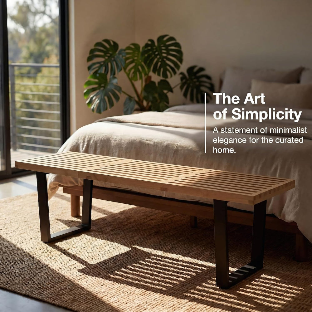 HNY Modern Entryway Bench Wood Dining Bench Minimalist Nelson Bench with Meta...
