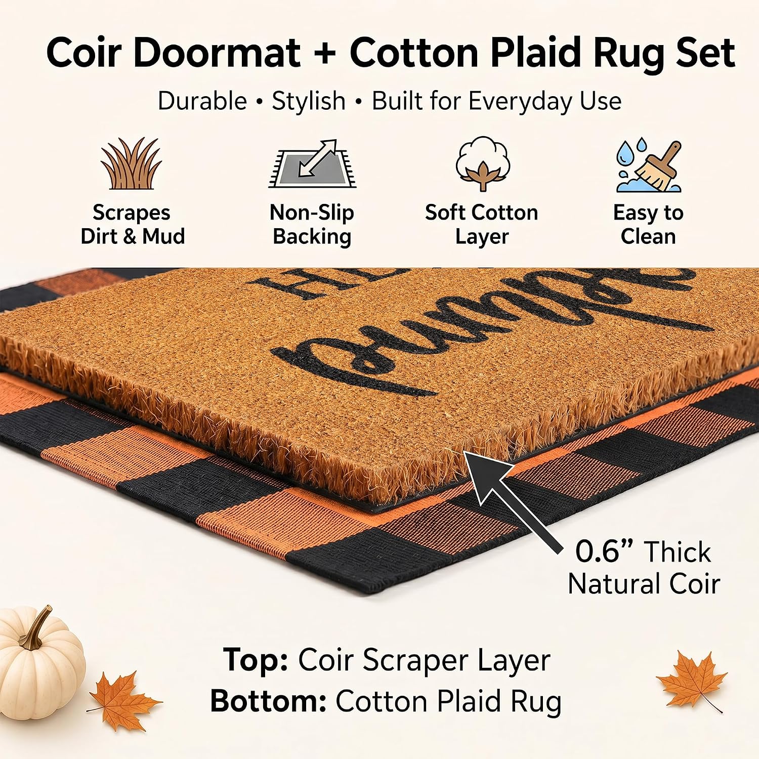 Fall Decor Door Mat Combo Set, 100% Coco Coir Welcome Mat + 28 x 43 Inches Orange and Black Plaid Rug- Fall Thanksgiving Front Porch Entryway Floor Doormat, Indoor Outdoor Autumn Mats Hello Pumpkin