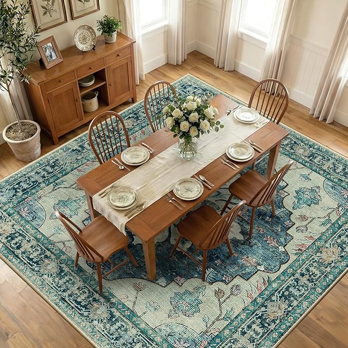 Area Rugs Square 10ft Washable Non-Slip, Floral Vintage Distress Print Pattern by RELEANY