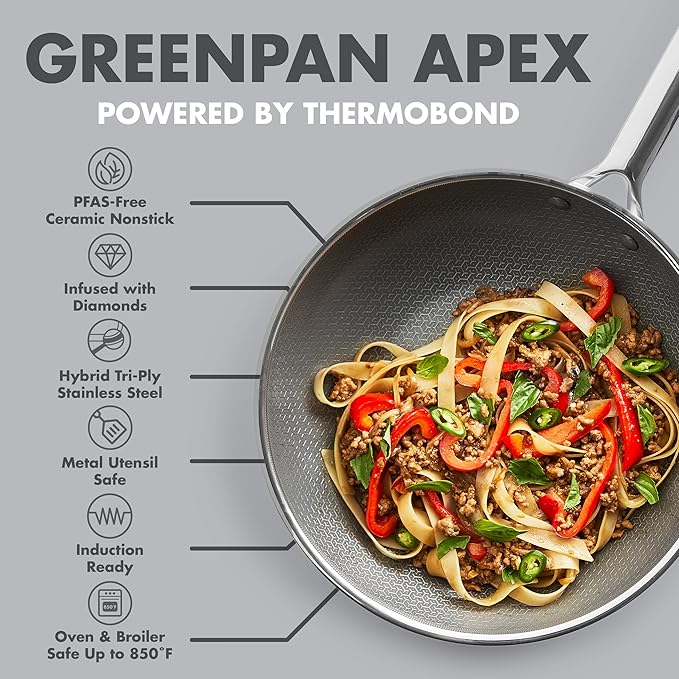 GreenPan Hybrid 11” Nonstick Stainless Steel Wok Pan, APEX Tri-Ply Thermobond