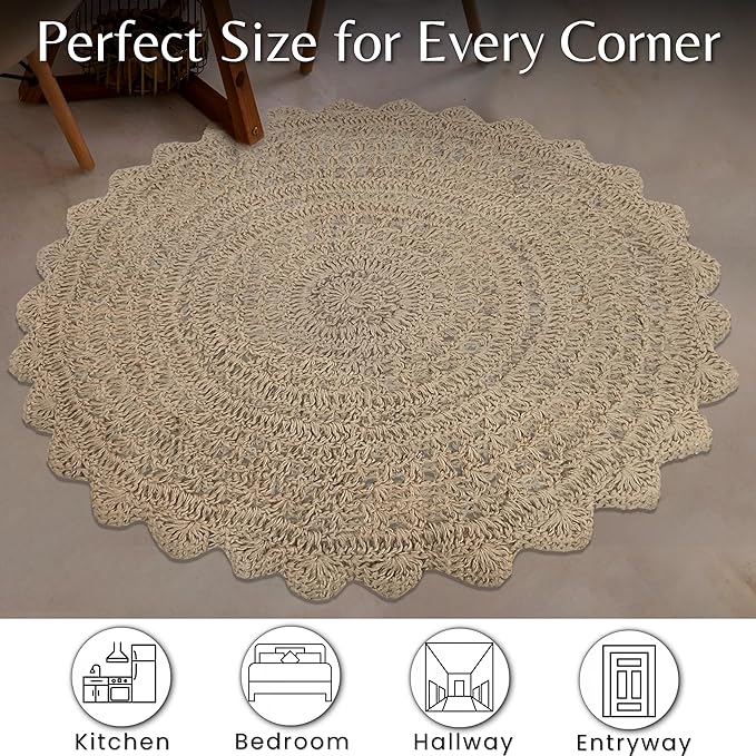 Hausattire Hand Woven Jute Crochet Rug, 3’ Round – Natural, Anti-Slip Accent - Image 5