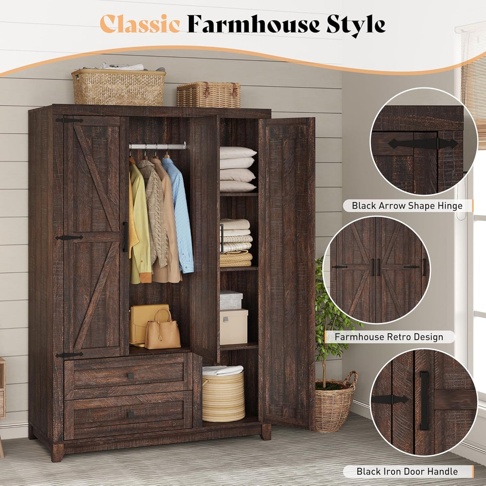 AMERLIFE Farmhouse 3 Door Wardrobe Closet with 2 Drawers & Hanging Rod