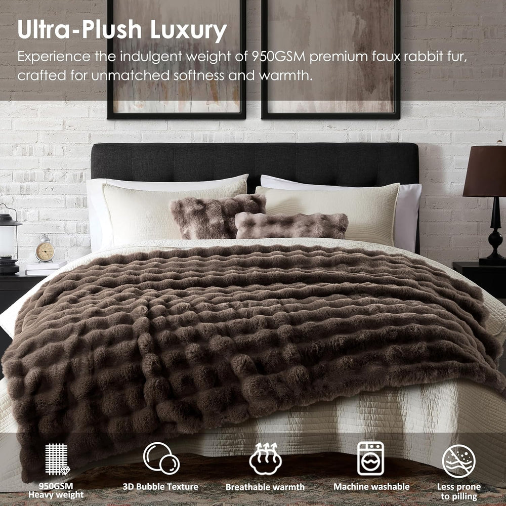 WDCOZY Luxury Bubble Throw Blanket, Brown Faux Rabbit Fur Mink Plush Throw fo...