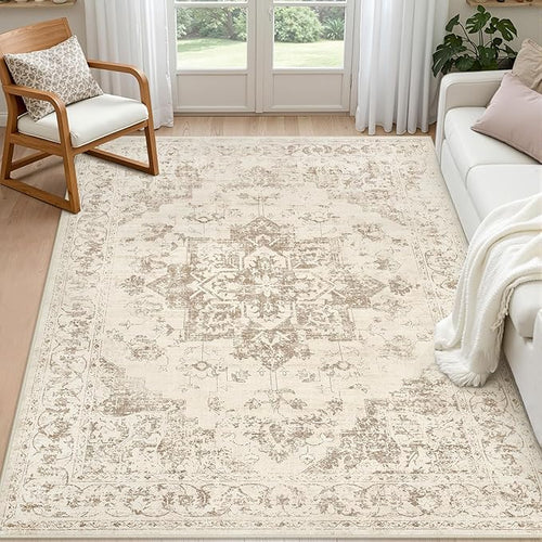 6x9 Area Rugs for Living Room: Vintage Boho Neutral Washable Rug Indoor Soft by Luxturiy