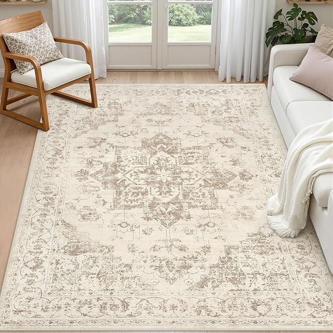 5x7 Area Rugs for Living Room: Vintage Boho Neutral Washable Rug Indoor Soft by Luxturiy