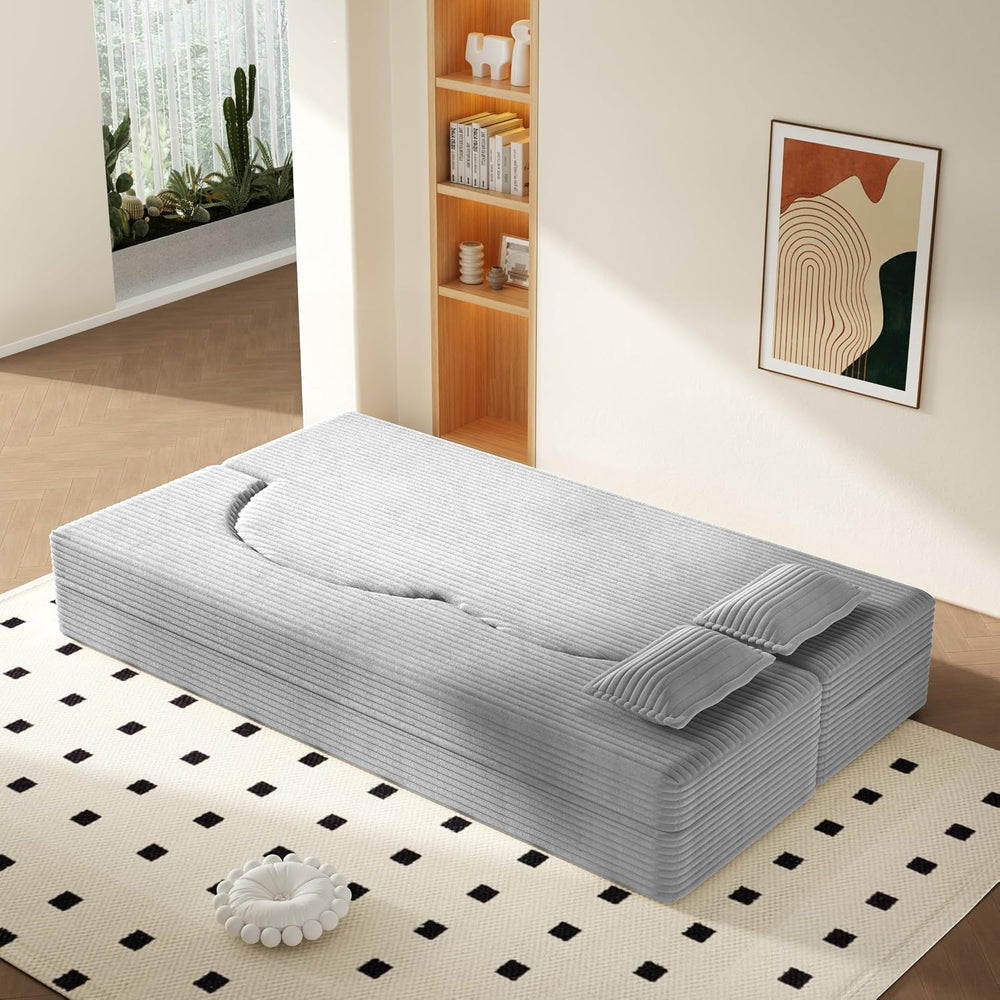 78" Folding Sofa Bed, Twin Size Futon Boneless Couch, Light Grey Corduroy