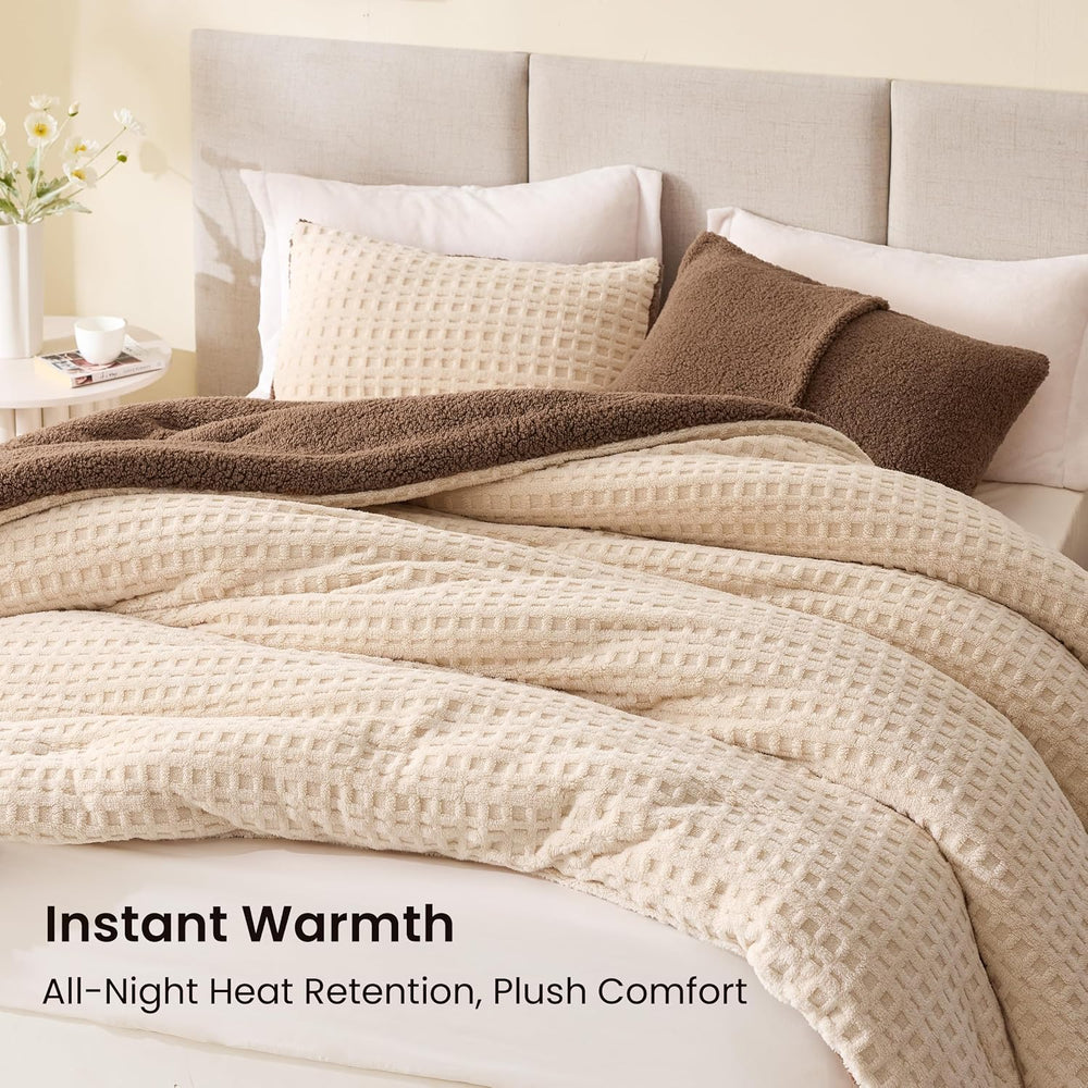 Taffeta Sherpa Comforter Set King 3 Pieces,Khaki&Brown