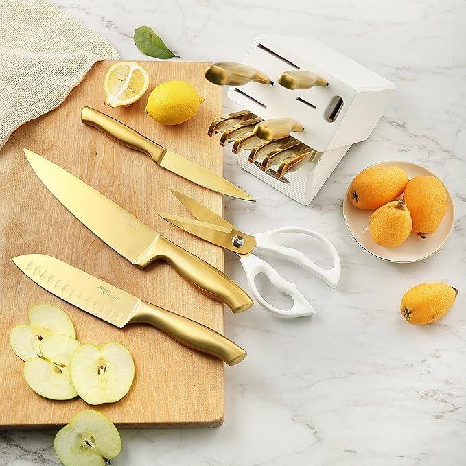 Marco Almond® Gold Knife Set, Knife Block Set MA21, Titanium Coated 14 Pieces - Image 4