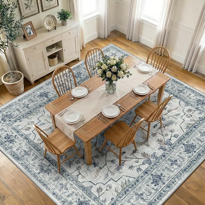 RELEANY Area Rugs Square 10ft Washable Non-Slip, Floral Vintage Distress Print by RELEANY