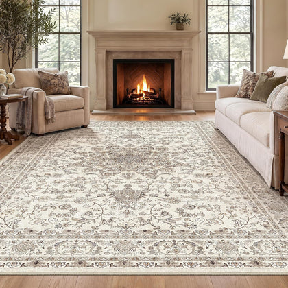 8x10 Washable Area Rug - Ivory Vintage Rug for Living Room Bedroom