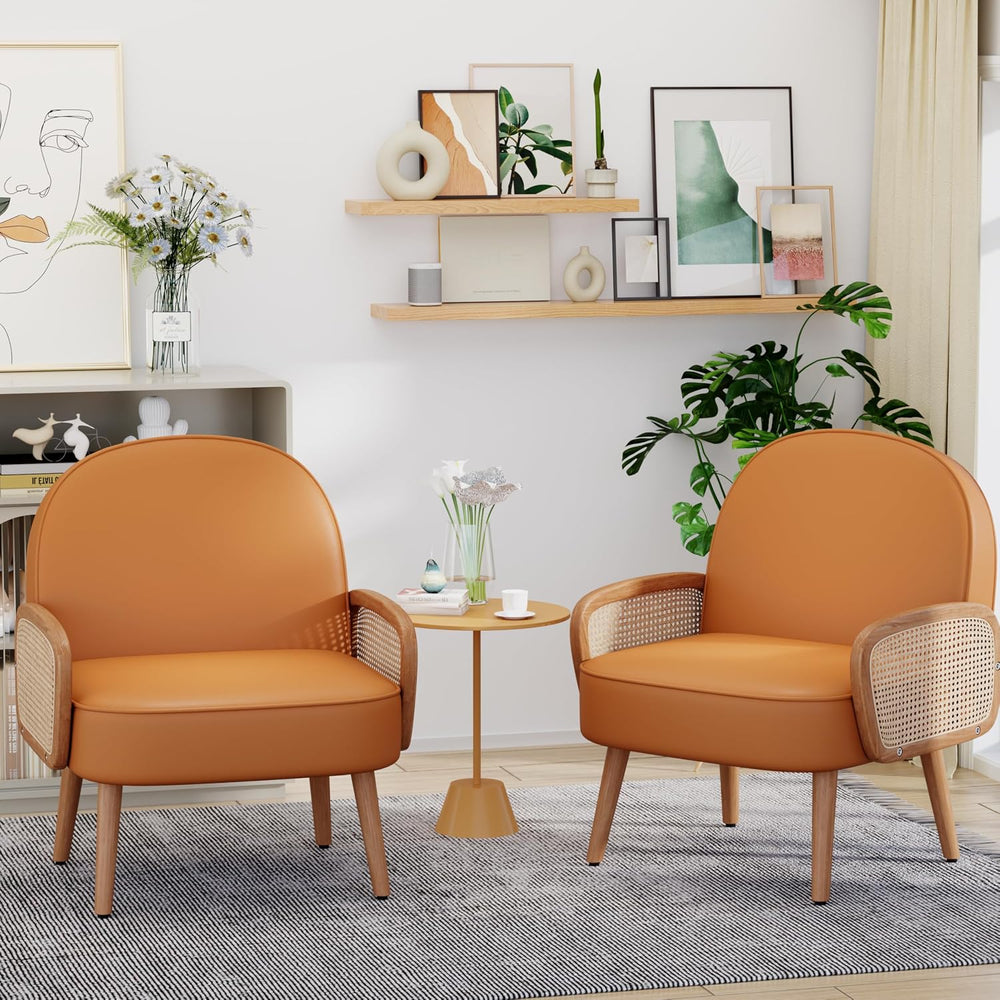 Aklaus Mid Century Modern Accent Chair Armchair with Rattan Arms Upholstered ...