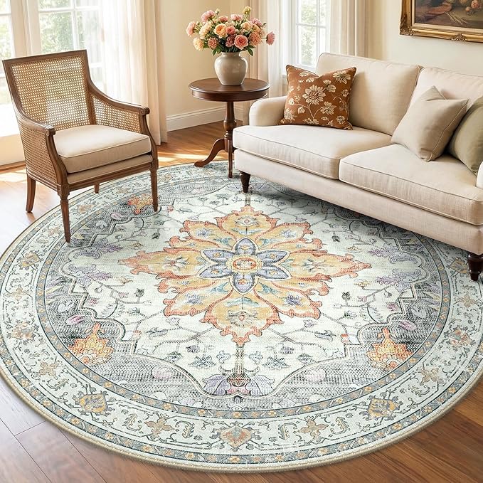 RELEANY Area Rugs 6ft Washable Non-Slip, Floral Vintage Distress Print Pattern by RELEANY