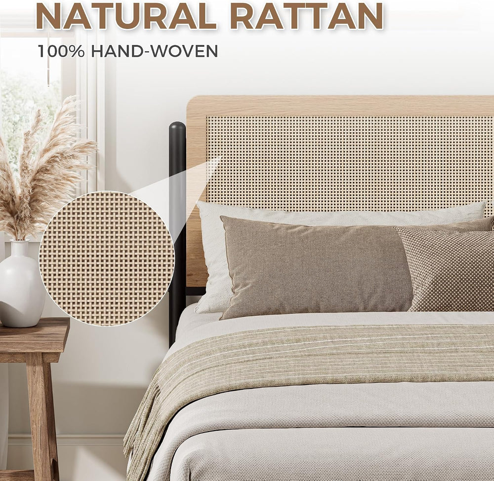 LIKIMIO Natural Rattan Full Size Bed Frame with Wooden Headboard